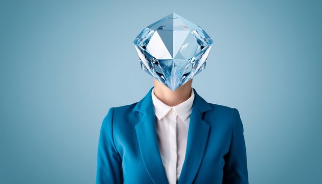 innovative business concept with crystal headed executive in blue suit on minimal background