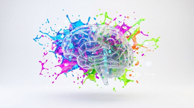 3D rendering of a human brain exploding with vibrant neon paint representing sensory overload