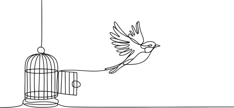 bird released from birdcage continuous one line drawing, Bird released from birdcage in continuous line art drawing style. Bird flying away from open cage.one line Art icon drawing vector