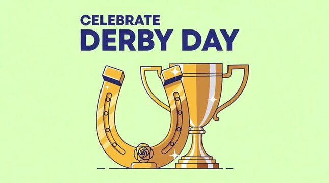 "Celebrate Derby Day" is written on a flat horseshoe and trophy design