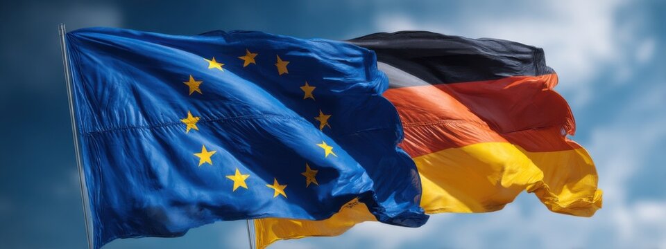 Waving flags of Europe and Germany in the sky during a sunny day over a public space with clouds
