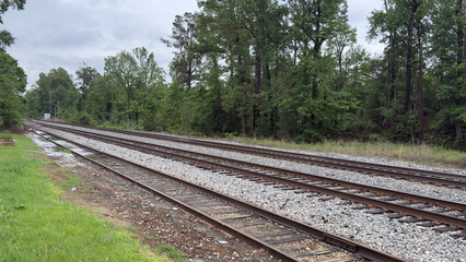 Obraz premium Railroad tracks in the forests of rural northern Louisiana on a cloudy day