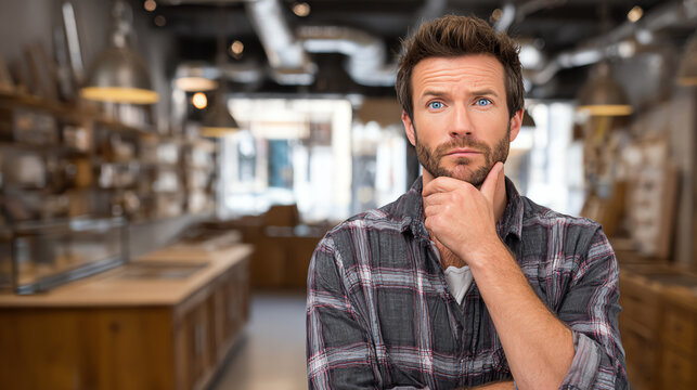 Thoughtful man in a casual setting evaluates options with a contemplative expression in a modern workspace.