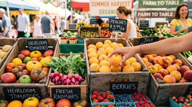 Fresh produce at a vibrant outdoor farmers market with diverse fruits and vegetables