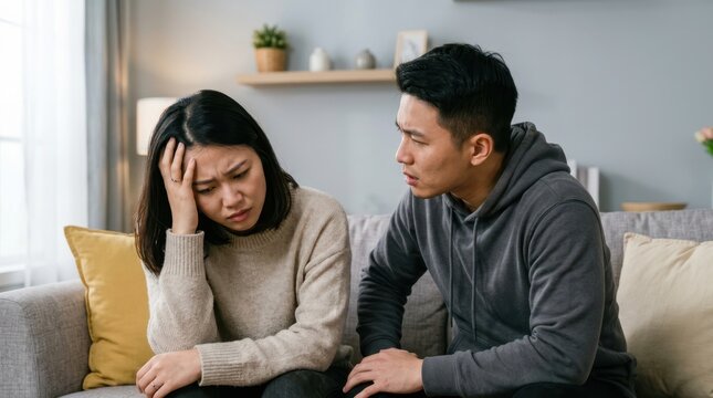 Couple experiencing relationship problems, woman looking distressed while man tries to comfort her