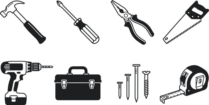 Essential tool set vector illustration hammer screwdriver pliers more for diy projects