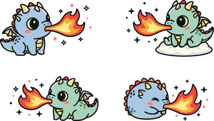 Naklejka premium Cute Cartoon Dragons Breathing Fire in Different Poses, with Sparkles and Fun Elements, on a Light Background