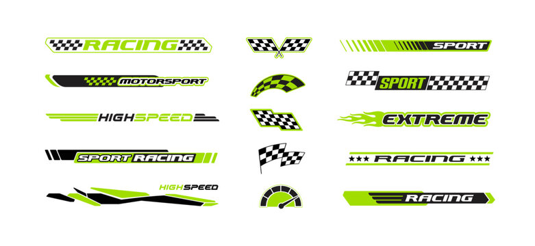 Racing Sport stickers decals set. Extreme sports racing flags and livery stickers design. Sport car decals and sportbike elements. Editable vector stickers collection for motorsport and racing design