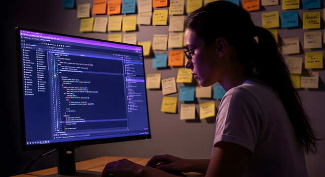 Focused programmer working late on project with sticky notes