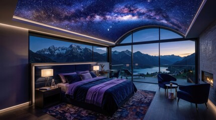 Obraz premium Luxury bedroom with stunning mountain and lake view under a starry sky ceiling
