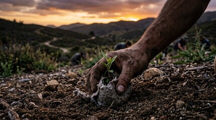 Fototapeta premium Man planting seedling in dark earth at sunset on rolling hills