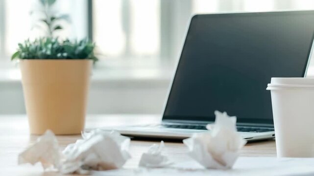 The workspace displays a laptop, a coffee cup, and crumpled paper scattered across the table. A plant adds a touch of nature to the busy setting. This captures a moment of productivity