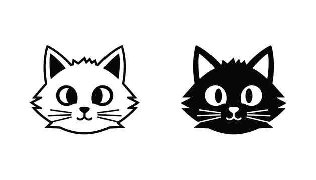 Friendly cat head mascot logo design in outline and solid black silhouette styles for pet shop or veterinary clinic branding