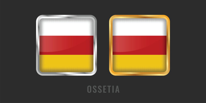 Square metallic labels with the flag of Ossetia (Alania) in gold and silver. Regional manufacturing origin and cultural identity icons for products and exports.