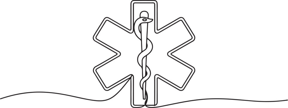Star of Life medical sign in continuous line art drawing style. Emergency medical services symbol.one line Art icon drawing vector