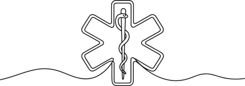 Star of Life medical sign in continuous line art drawing style. Emergency medical services symbol.one line Art icon drawing vector