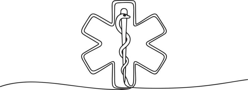 Star of Life medical sign in continuous line art drawing style. Emergency medical services symbol.one line Art icon drawing vector