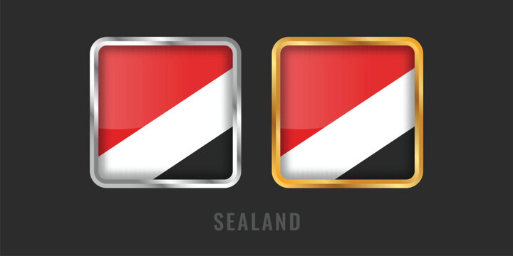 High-quality square gold and silver framed flag labels of the Principality of Sealand. Unique emblems for micronation identity, origin certification, and territory representation.