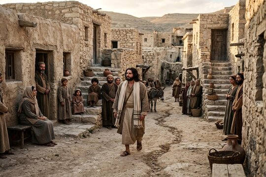 A man walks down a dusty street in an ancient village surrounded by people and stone buildings.