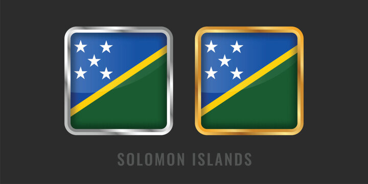 High-quality square gold and silver labels with the Solomon Islands flag. Premium metallic icons for local products, exports, and manufacturing origin certification.