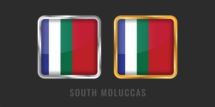 Premium square gold and silver labels with the Republic of South Moluccas (RMS) flag. High-quality emblems for Maluku products, export certification, and manufacturing origin certification.