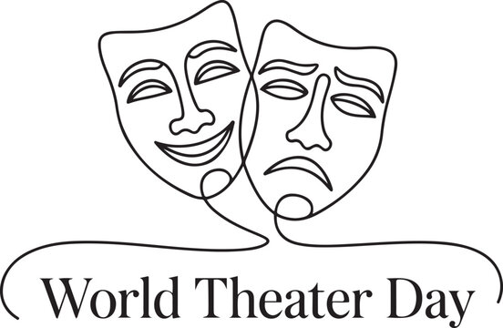 World theater day banner design, with character mask sketch.one line Art icon drawing vector
