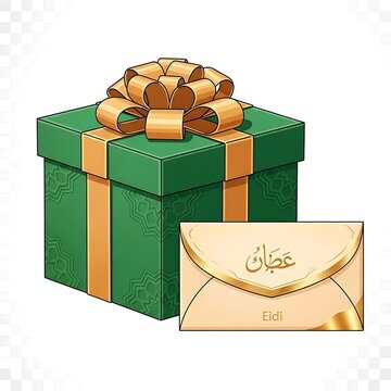 Eidi gift box with gold bow and envelope for festive occasions