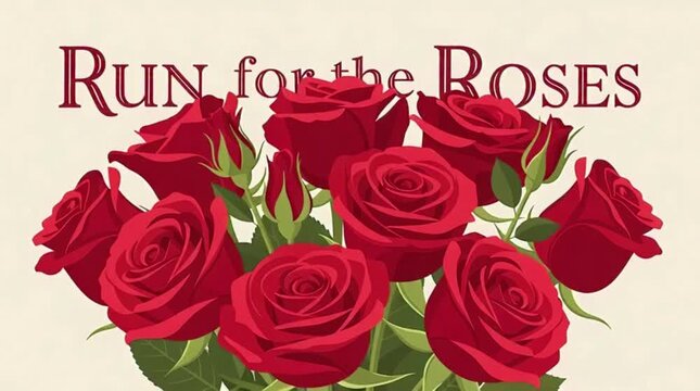 "Run for the Roses" is written in an exquisite serif font on a flat vector depicting a bouquet of red roses