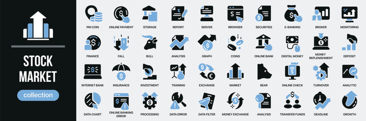 Fototapeta premium Stock market fill icon collection. Includes trade, chart, statistics, growth, risk, analysis, and exchange icons. Created in colored style with blue palette