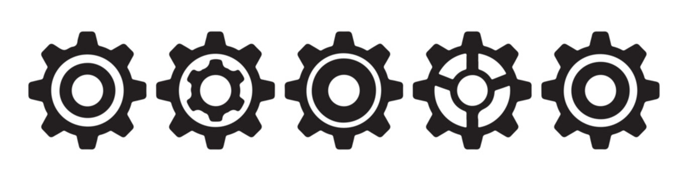 Gear wheel vector icons set for mechanical engineering industrial settings and technology system apps.