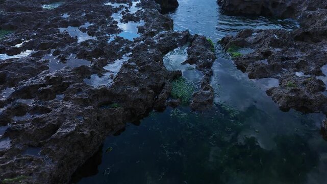 Clear Tide Pool Among Coastal Rocks with Calm Water Reflection