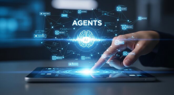 Hand interacting with futuristic AI interface on tablet