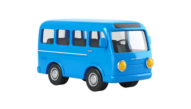 A bright blue cartoon-style bus, slightly angled. Black background. Isolated, 3D rendering