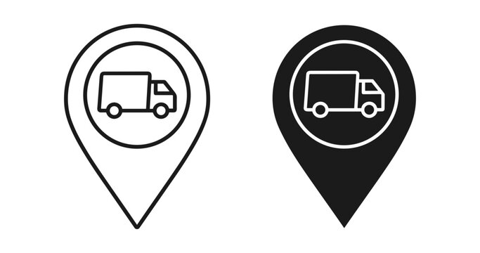 Delivery truck map pointer icon set, outline and solid glyph style, white background, vector Illustration
