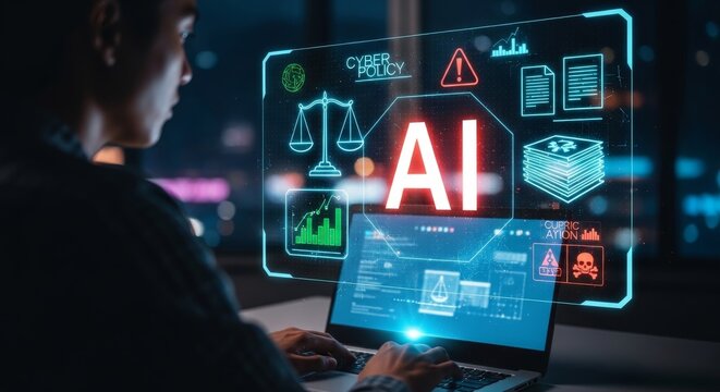 man working on laptop with futuristic AI interface at night