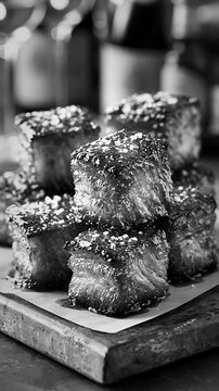 Gourmet lardo di colonnata meat cubes on a rustic wooden board