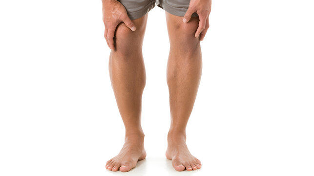 Person demonstrating knock knee condition with hands on knees barefoot in gray shorts on white background