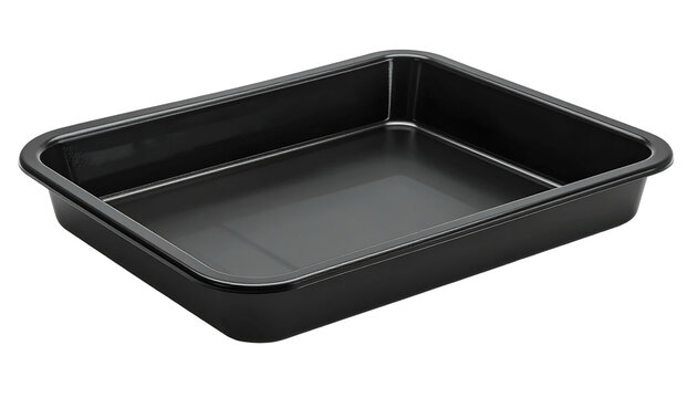 Shiny, rectangular, black baking pan isolated against a black background, with rounded corners