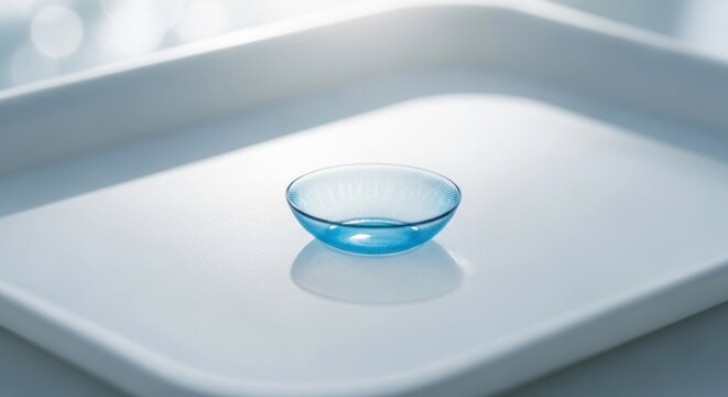 Closeup of a single blue contact lens resting on a white tray medical concept.