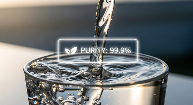 Pouring fresh filtered water into a glass with digital purity 99.9 percentage display