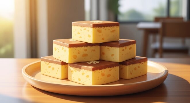Delicious Stacked Brownie Squares on Wooden Plate in Natural Light.