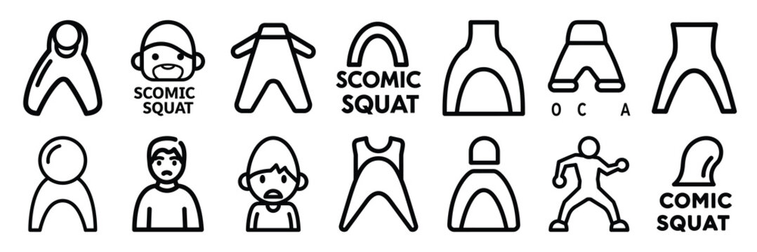 A set of comic squat silhouette icon. Funny vector isolated icons on transparent background.