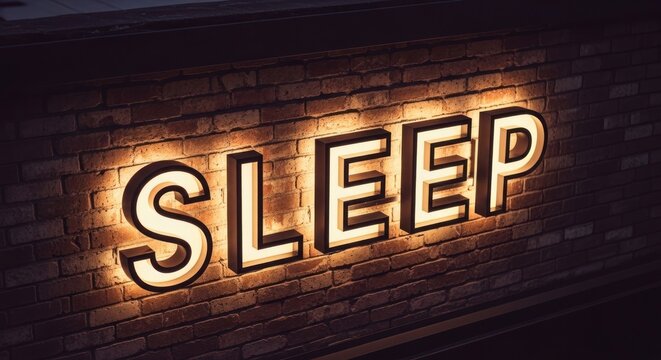 Illuminated SLEEP Sign on Brick Wall A Nighttime Tranquility Concept.