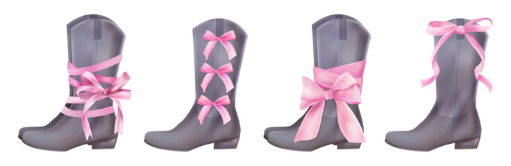 Obraz premium Pink cowboy boots. Watercolor western coquette aesthetic, cute vintage fashion footwear, retro decorative chic. Fashion pink ribbon bows. Render girl elements side view. Vector wild west set