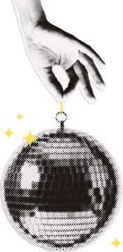 Isolated retro halftone disco ball held by a hand - paper cutout collage composition. Vintage zine style party design asset.