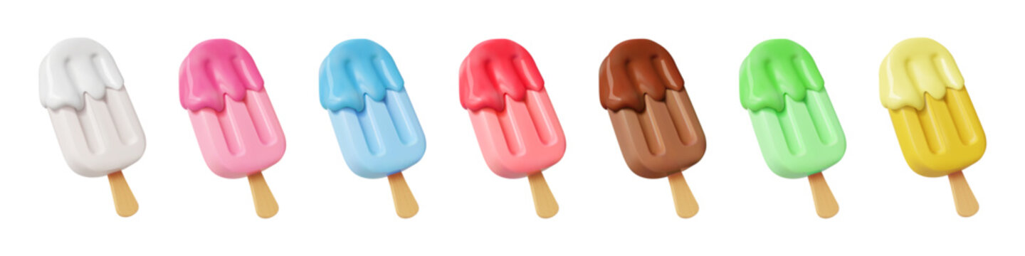 3d ice cream. Popsicle icon, white vanilla food with fruit juice. Summer chocolate eskimo different colors and flavors. Frozen dessert. Vector isolated render glossy cartoon gelato elements