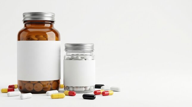 Two empty white labeled prescription bottles with assorted pills scattered around.