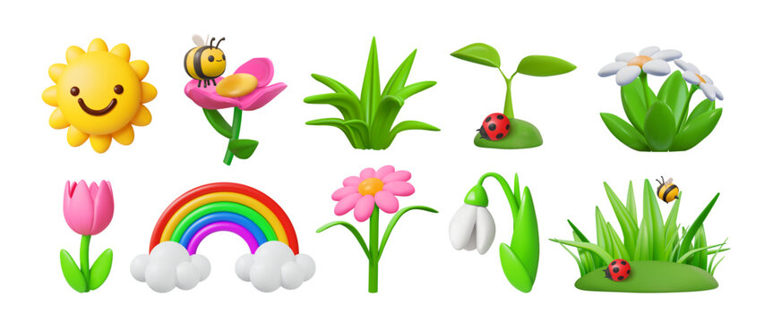 Clay springs elements. 3d play dough plasticine shapes, plastic sun rainbow texture or child cheerful nature objects. Smiling bee on meadow. Vector icon render isolated glossy cartoon style set