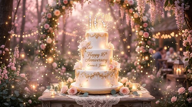 Elegant 16th anniversary cake with floral decorations in a magical garden setting