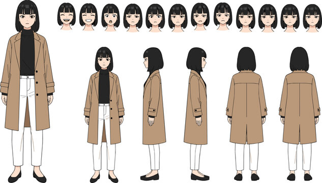 Female Character Turnaround and Expression Sheet Featuring Casual Outfit with Coat, Front Side Back Views, and Multiple Facial Emotions for Animation and Design.